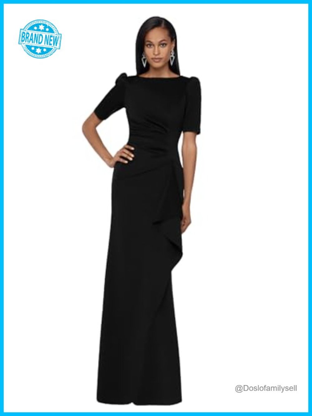 Long Bodycon Evening Gown 3/4 Sleeves Side Ruching Cascading Ruffle